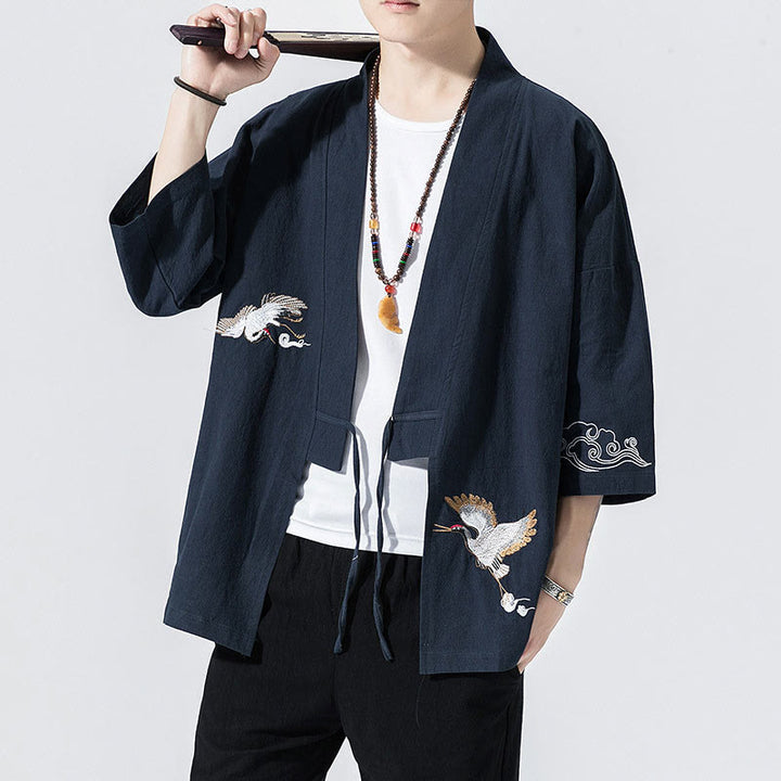 Buddha Stones Embroidery Open Front Jacket Men's Three Quarter Sleeve Kimono - Navy - US/UK/AU46，EU56 (5XL) - image 0