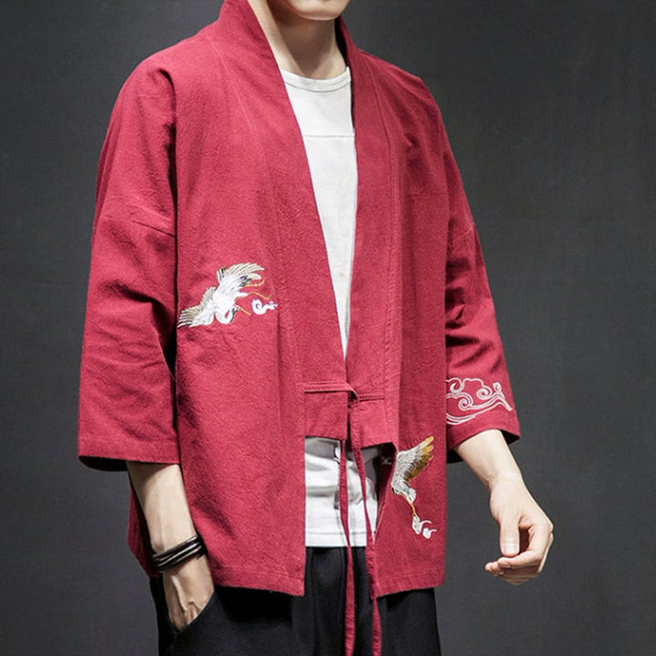 Buddha Stones Embroidery Open Front Jacket Men's Three Quarter Sleeve Kimono - image 22