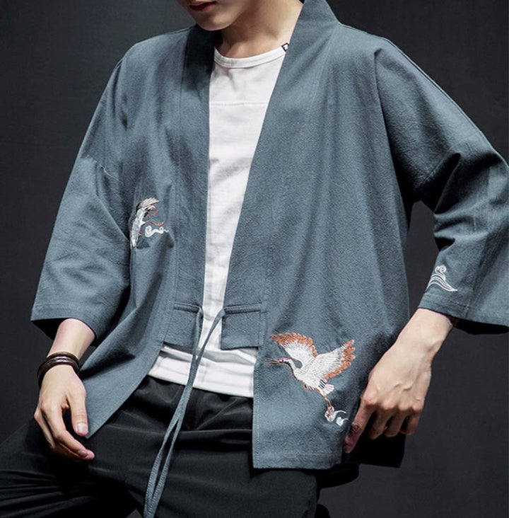 Buddha Stones Embroidery Open Front Jacket Men's Three Quarter Sleeve Kimono - image 25