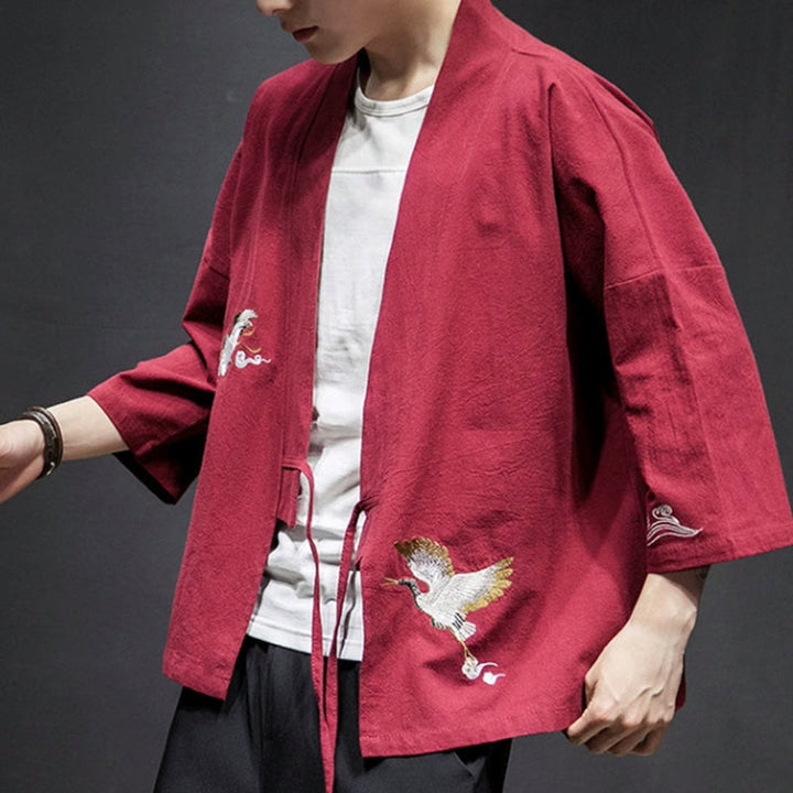 Buddha Stones Embroidery Open Front Jacket Men's Three Quarter Sleeve Kimono - image 19