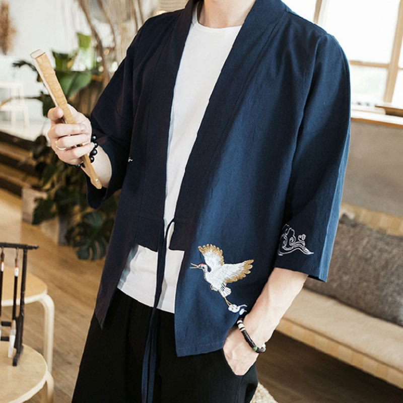 Buddha Stones Embroidery Open Front Jacket Cotton Linen Men's Three Quarter Sleeve Kimono - image 2