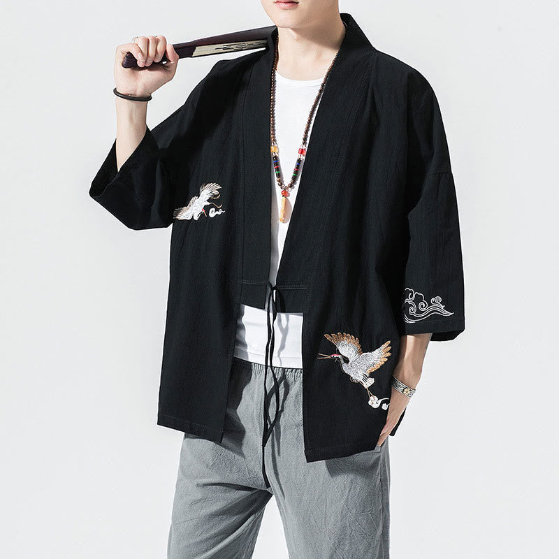 Buddha Stones Embroidery Open Front Jacket Men's Three Quarter Sleeve Kimono - Black - US/UK/AU46，EU56 (5XL) - image 10