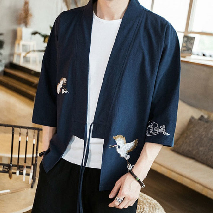 Buddha Stones Embroidery Open Front Jacket Men's Three Quarter Sleeve Kimono - image 6
