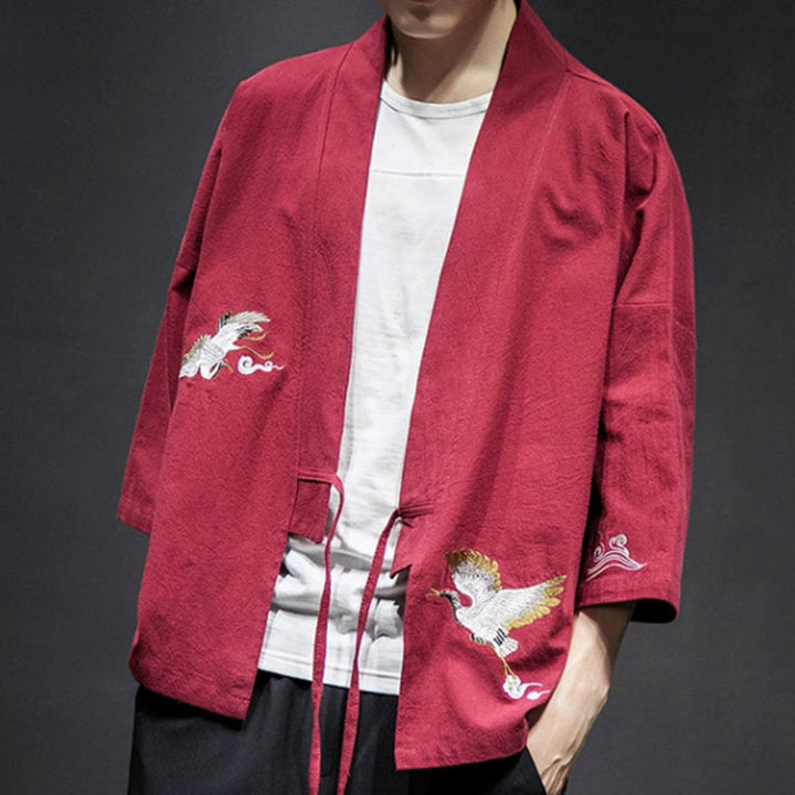 Buddha Stones Embroidery Open Front Jacket Men's Three Quarter Sleeve Kimono - image 23