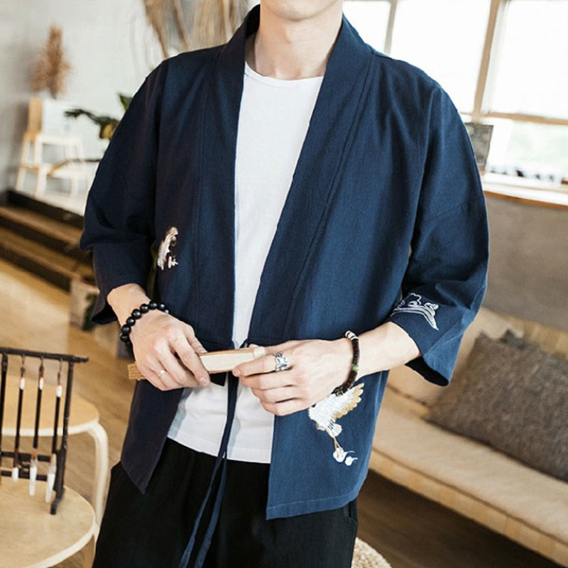 Buddha Stones Embroidery Open Front Jacket Men's Three Quarter Sleeve Kimono - image 1
