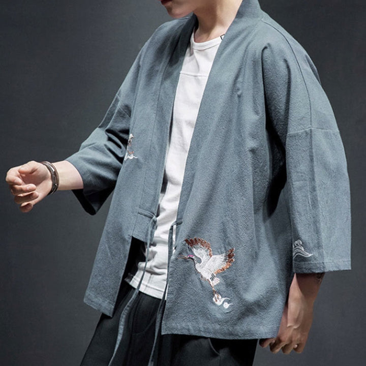Buddha Stones Embroidery Open Front Jacket Men's Three Quarter Sleeve Kimono - image 27