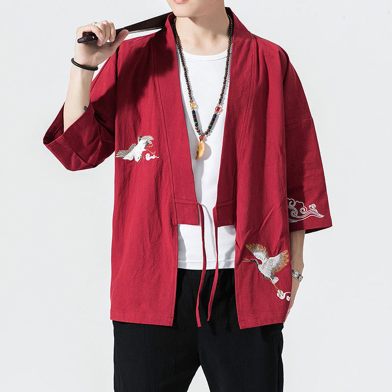 Buddha Stones Embroidery Open Front Jacket Men's Three Quarter Sleeve Kimono - Crimson - US/UK/AU46，EU56 (5XL) - image 18