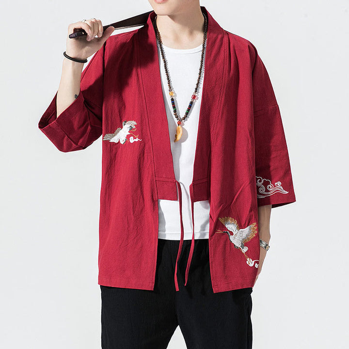 Buddha Stones Embroidery Open Front Jacket Men's Three Quarter Sleeve Kimono - Crimson - US/UK/AU46，EU56 (5XL) - image 18