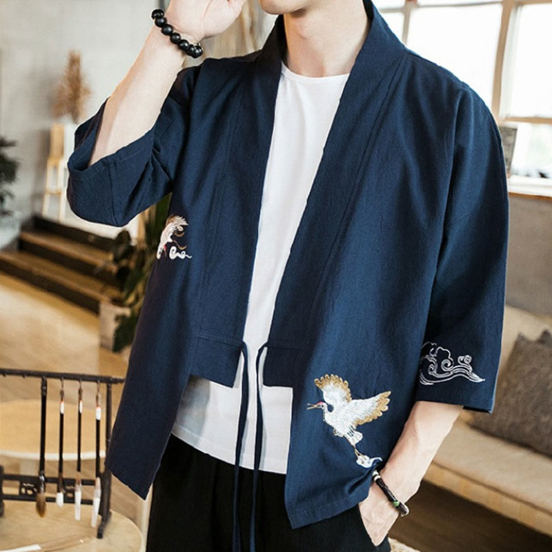 Buddha Stones Embroidery Open Front Jacket Men's Three Quarter Sleeve Kimono - image 5