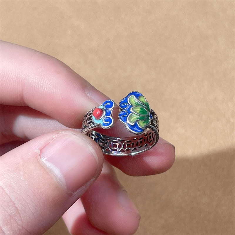 Buddha Stones Lotus Flower Copper Coins Ruyi Handle Pattern Enlightenment Adjustable Ring