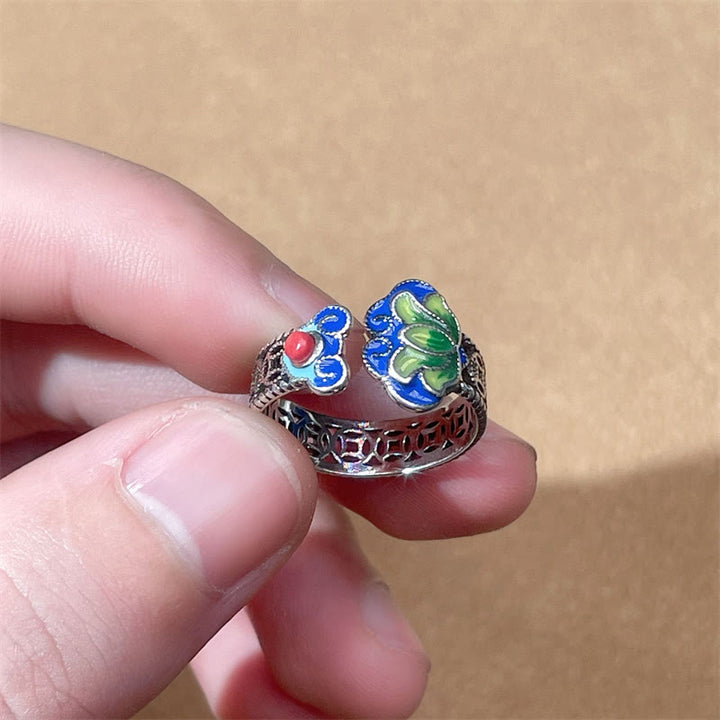 Buddha Stones Lotus Flower Copper Coins Ruyi Handle Pattern Enlightenment Adjustable Ring