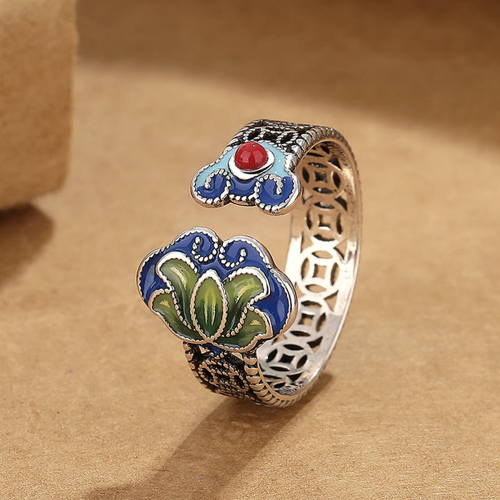Buddha Stones Lotus Flower Copper Coins Ruyi Handle Pattern Enlightenment Adjustable Ring