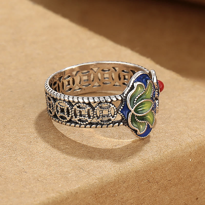 Buddha Stones Lotus Flower Copper Coins Ruyi Handle Pattern Enlightenment Adjustable Ring
