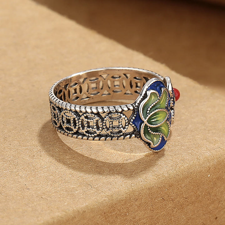 Buddha Stones Lotus Flower Copper Coins Ruyi Handle Pattern Enlightenment Adjustable Ring