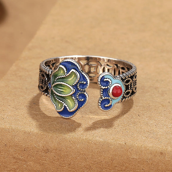 Buddha Stones Lotus Flower Copper Coins Ruyi Handle Pattern Enlightenment Adjustable Ring