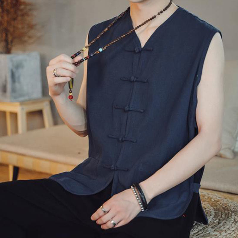 Buddha Stones Casual Chinese Frog-Button Men's Cotton Vest Waistcoat With Pockets