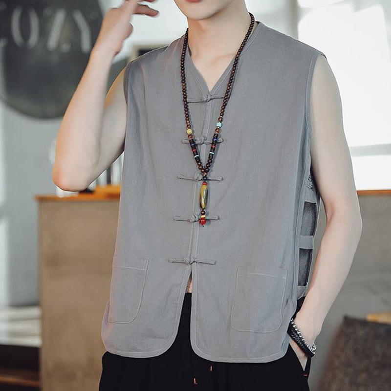 Buddha Stones Casual Chinese Frog-Button Men's Cotton Vest Waistcoat With Pockets