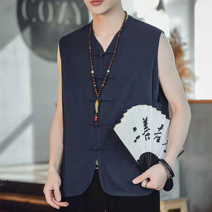 Buddha Stones Casual Chinese Frog-Button Men's Cotton Vest Waistcoat With Pockets
