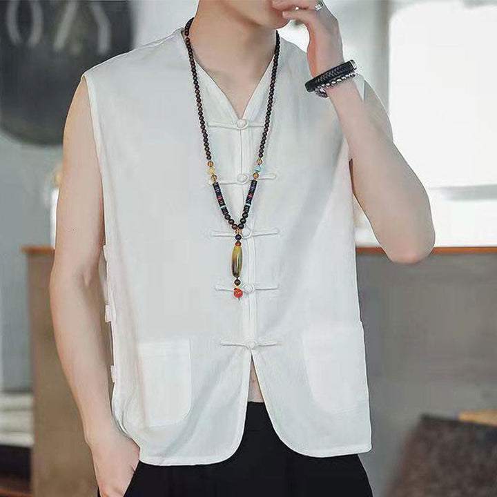 Buddha Stones Casual Chinese Frog-Button Men's Cotton Vest Waistcoat With Pockets
