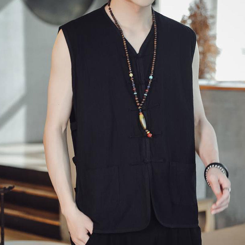 Buddha Stones Casual Chinese Frog-Button Men's Cotton Vest Waistcoat With Pockets