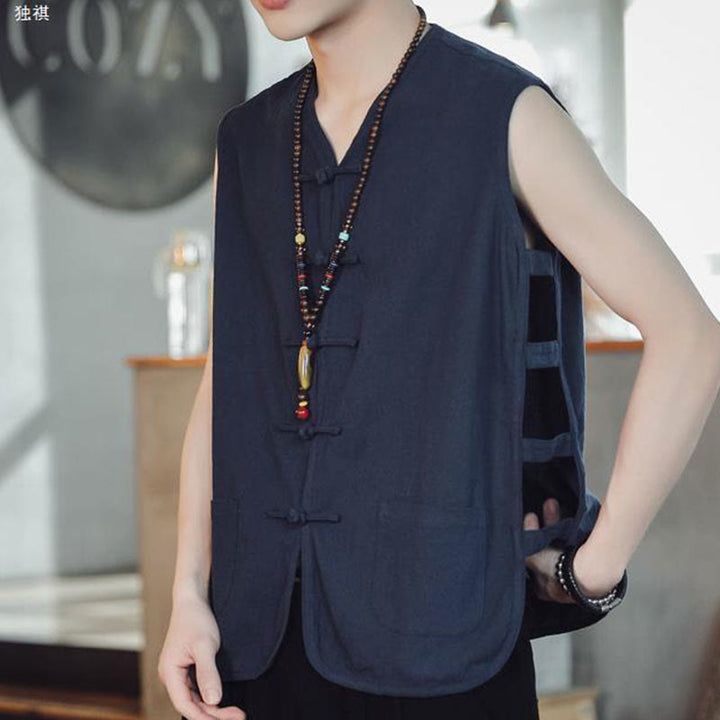 Buddha Stones Casual Chinese Frog-Button Men's Cotton Vest Waistcoat With Pockets