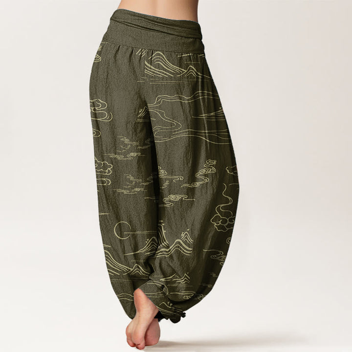 Buddha Stones Pure Cotton Mountain Moon Auspicious Clouds Pattern Women's Elastic Waist Harem Pants - image 12