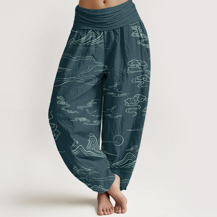Buddha Stones Pure Cotton Mountain Moon Auspicious Clouds Pattern Women's Elastic Waist Harem Pants - DarkCyan - US22，UK/AU26，EU54 (6XL) - image 8