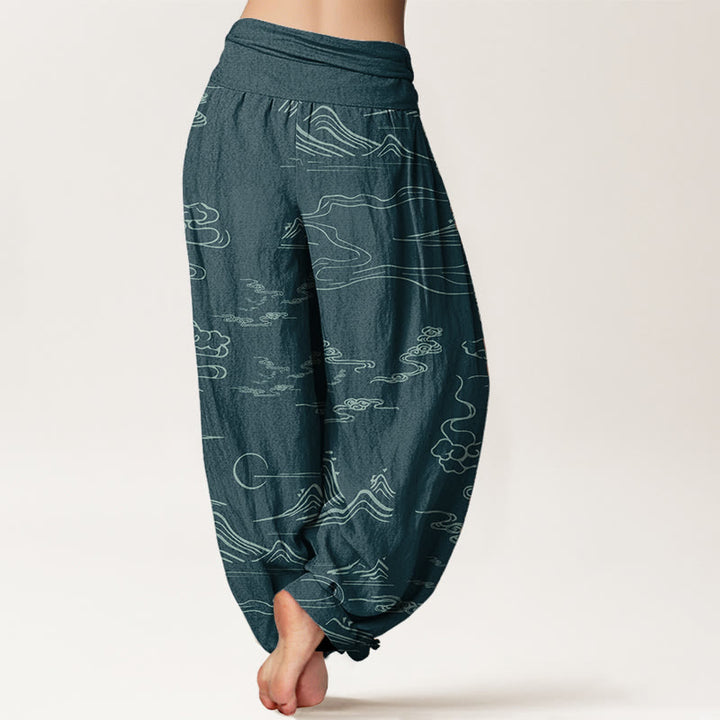 Buddha Stones Pure Cotton Mountain Moon Auspicious Clouds Pattern Women's Elastic Waist Harem Pants - image 9