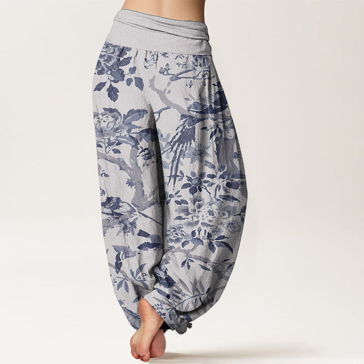 Buddha Stones Pure Cotton Birds Branches Flowers Pattern Women's Elastic Waist Harem Pants - image 9