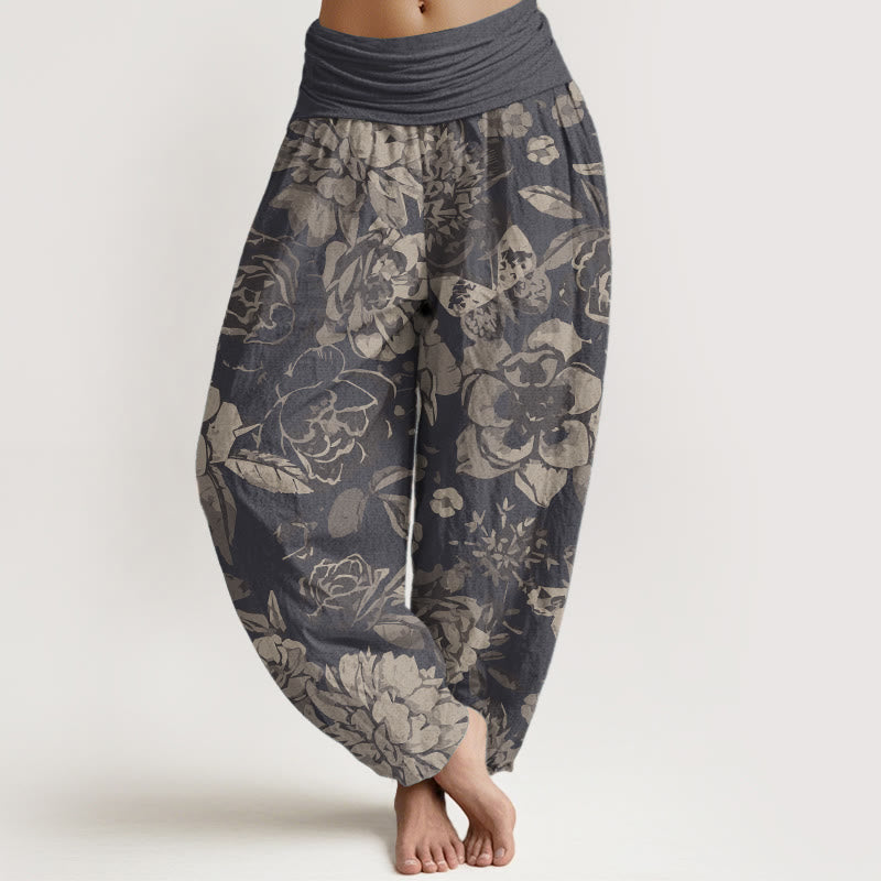 Buddha Stones Pure Cotton Casual Peony Flowers Leaves Women's Elastic Waist Harem Pants - DarkGray - US22，UK/AU26，EU54 (6XL) - image 0
