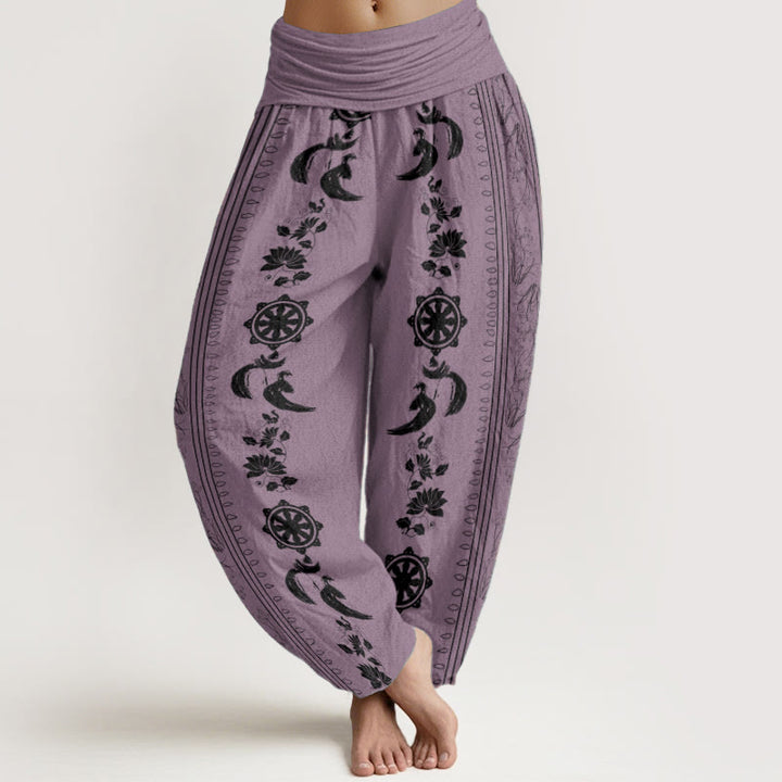 Buddha Stones Pure Cotton Dharma Wheel Lotus OM Pattern Women's Elastic Waist Harem Pants - Violet - US22，UK/AU26，EU54 (6XL) - image 8
