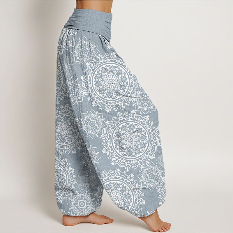 Buddha Stones Pure Cotton Casual White Mandala Flower Design Women's Elastic Waist Harem Pants - image 8