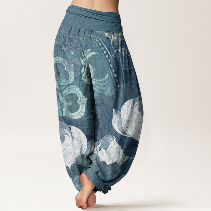 Buddha Stones Pure Cotton White Lotus Leaves Pattern Casual Women's Elastic Waist Harem Pants - image 6