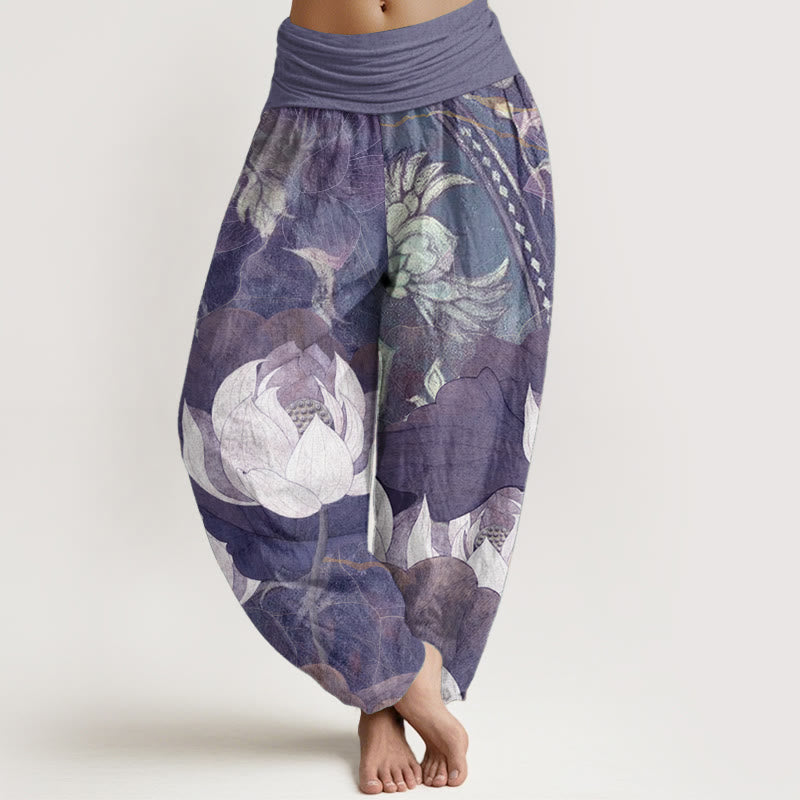 Buddha Stones Pure Cotton White Lotus Leaves Pattern Casual Women's Elastic Waist Harem Pants - Plum - US22，UK/AU26，EU54 (6XL) - image 8