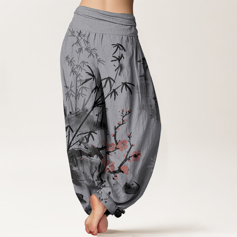 Buddha Stones Pure Cotton Plum Blossoms Bamboo Orchids Chrysanthemums Pattern Women's Elastic Waist Harem Pants - image 9