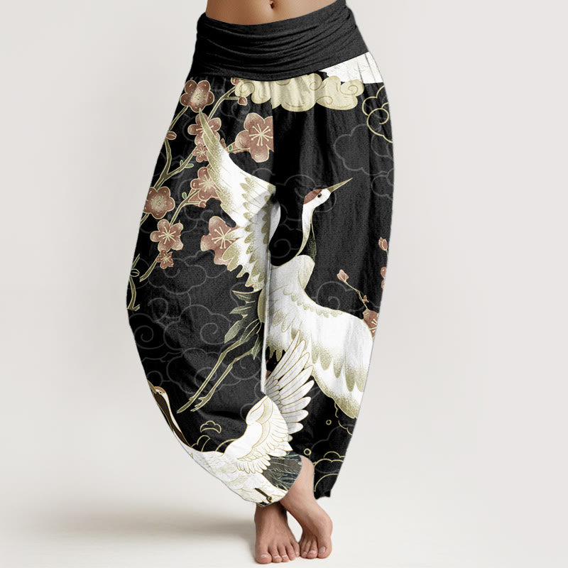 Buddha Stones Pure Cotton Cranes Flowers Auspicious Clouds Pattern Women's Elastic Waist Harem Pants - Black - US22，UK/AU26，EU54 (6XL) - image 0