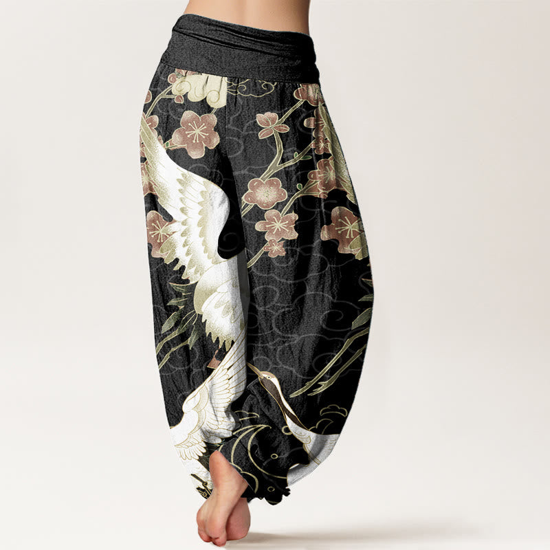Buddha Stones Pure Cotton Cranes Flowers Auspicious Clouds Pattern Women's Elastic Waist Harem Pants - image 1