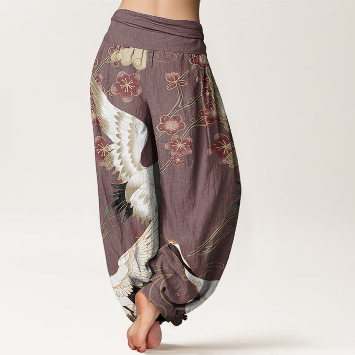 Buddha Stones Pure Cotton Cranes Flowers Auspicious Clouds Pattern Women's Elastic Waist Harem Pants - image 6