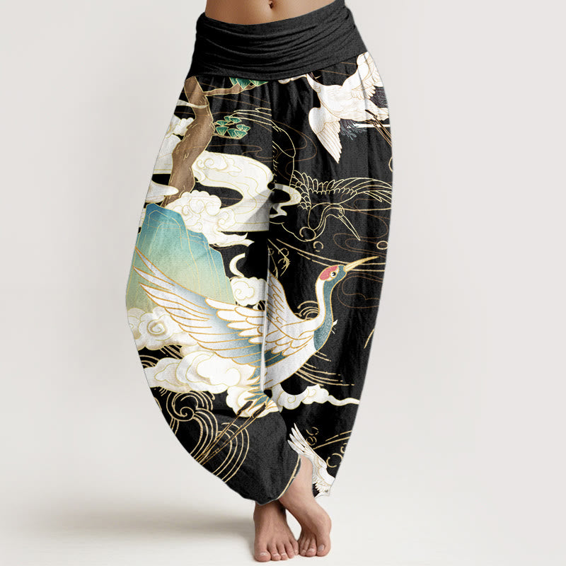 Buddha Stones Pure Cotton Flying Cranes Auspicious Clouds Tree women's Elastic Waist Harem Pants - Black - US22，UK/AU26，EU54 (6XL) - image 0