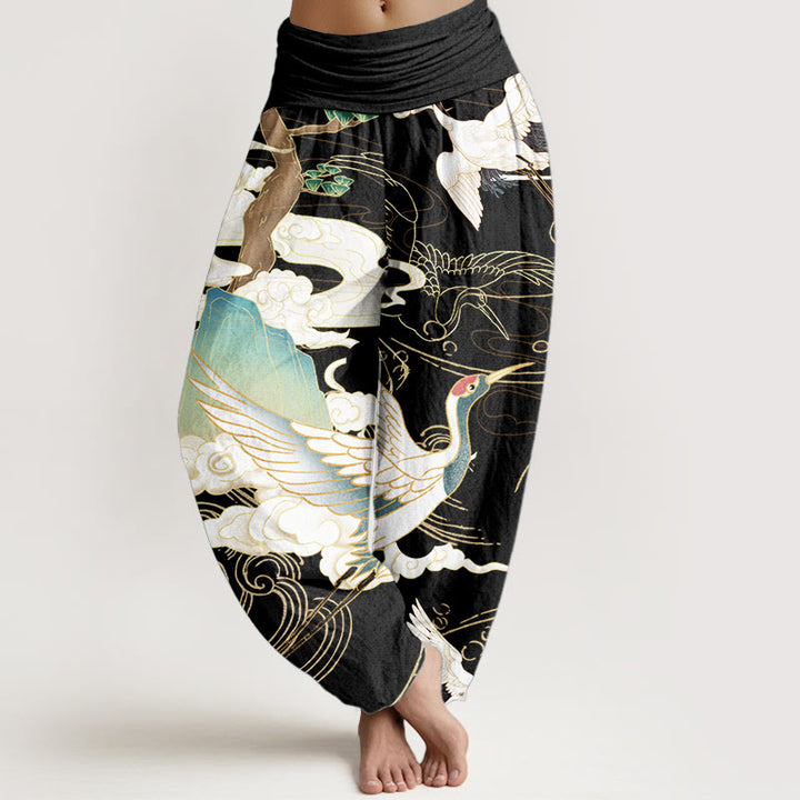 Buddha Stones Pure Cotton Flying Cranes Auspicious Clouds Tree women's Elastic Waist Harem Pants - Black - US22，UK/AU26，EU54 (6XL) - image 0