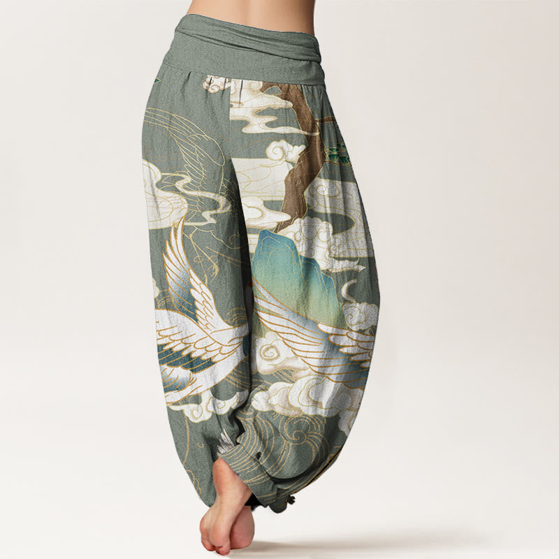 Buddha Stones Pure Cotton Flying Cranes Auspicious Clouds Tree women's Elastic Waist Harem Pants - image 6
