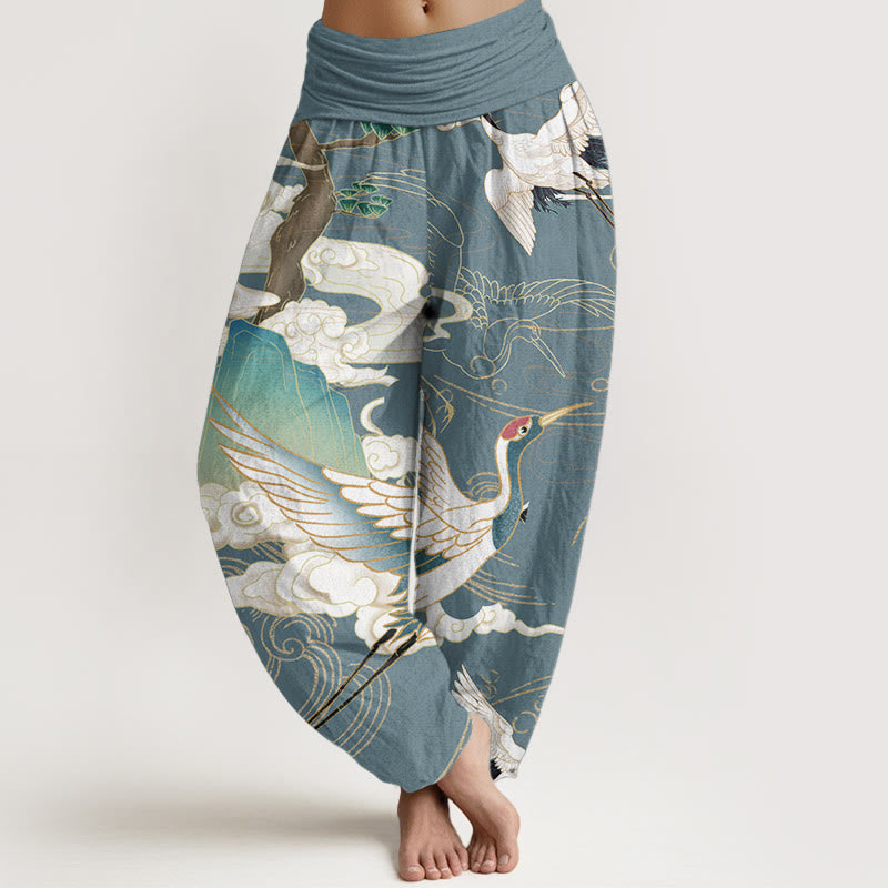 Buddha Stones Pure Cotton Flying Cranes Auspicious Clouds Tree women's Elastic Waist Harem Pants - PowderBlue - US22，UK/AU26，EU54 (6XL) - image 8