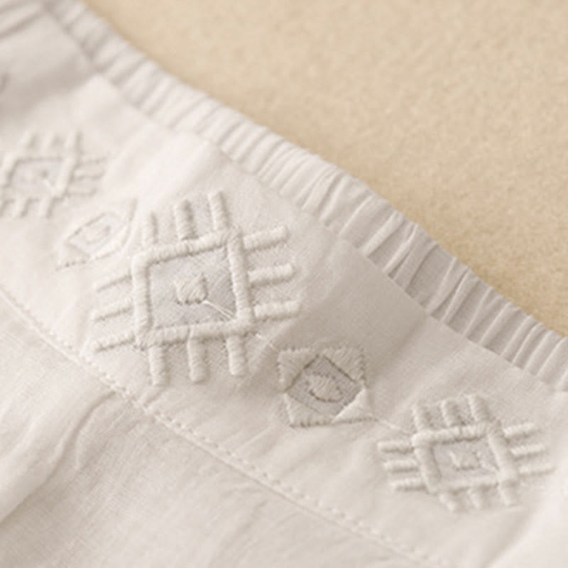 Buddha Stones Geometric Embroidery Elastic Waist Women's Cotton Linen Wide Leg Pants With Pockets - image 22