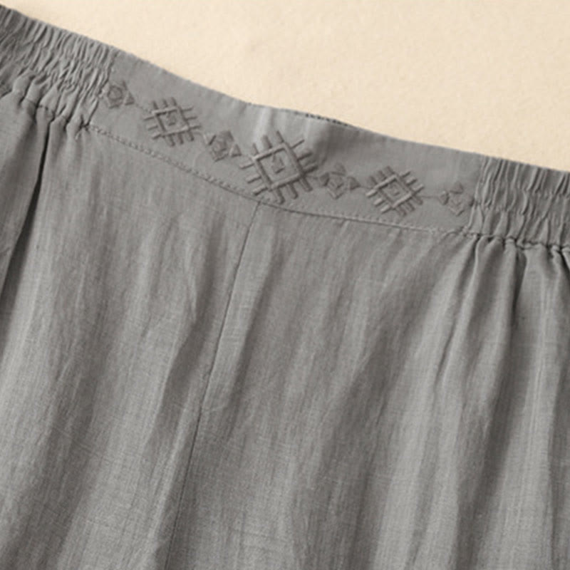 Buddha Stones Geometric Embroidery Elastic Waist Women's Cotton Linen Wide Leg Pants With Pockets - image 7