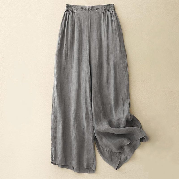 Buddha Stones Geometric Embroidery Elastic Waist Women's Cotton Linen Wide Leg Pants With Pockets - Gray - US8-10，UK/AU12-14，EU40-42 (2XL) - image 6
