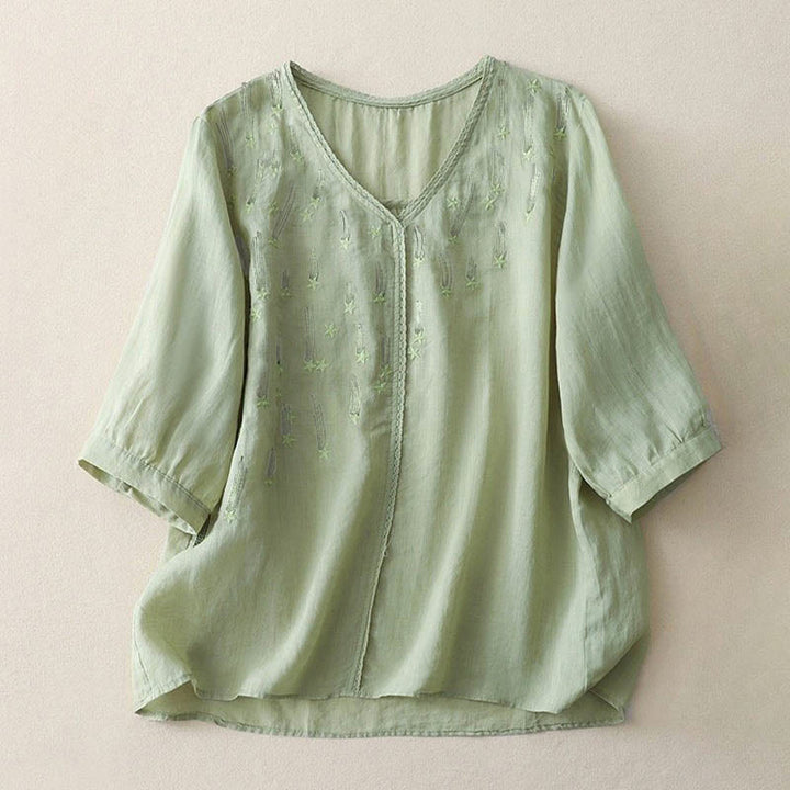 Buddha Stones Casual Shooting Star Embroidery V-Neck Half Sleeve Cotton Linen Women's Shirt - LightGreen - US8-10，UK/AU12-14，EU40-42 (2XL) - image 9