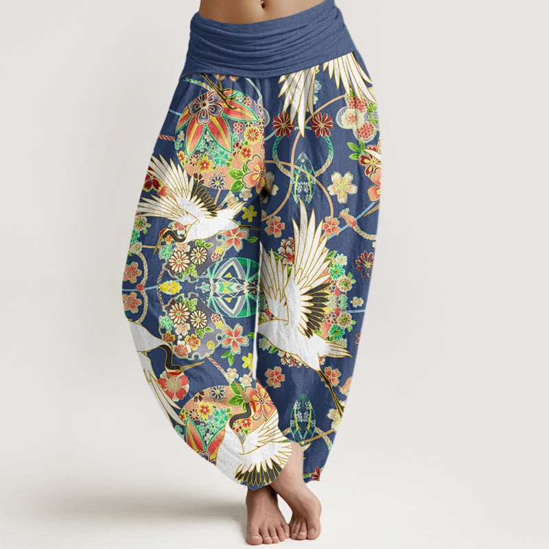 Buddha Stones Cotton Casual Crane Floral Geometric Pattern Elastic Waist Women's Harem Pants - RoyalBlue - US22，UK/AU26，EU54 (6XL) - image 0