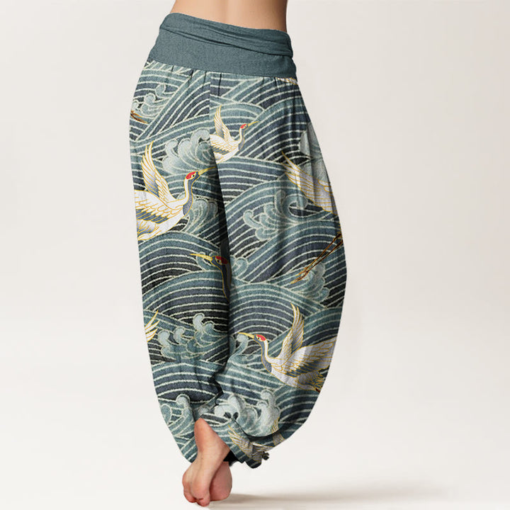 Buddha Stones Cotton Casual Crane Ocean Waves Pattern Elastic Waist Women's Harem Pants - image 5