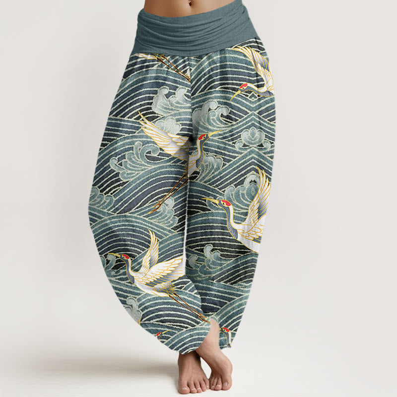 Buddha Stones Cotton Casual Crane Ocean Waves Pattern Elastic Waist Women's Harem Pants - CadetBlue - US22，UK/AU26，EU54 (6XL) - image 4