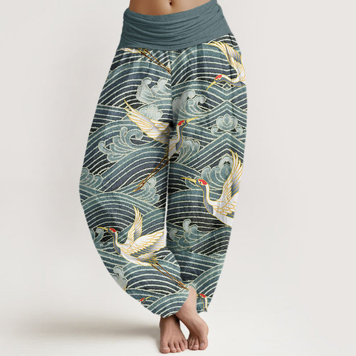 Buddha Stones Cotton Casual Crane Ocean Waves Pattern Elastic Waist Women's Harem Pants - CadetBlue - US22，UK/AU26，EU54 (6XL) - image 4